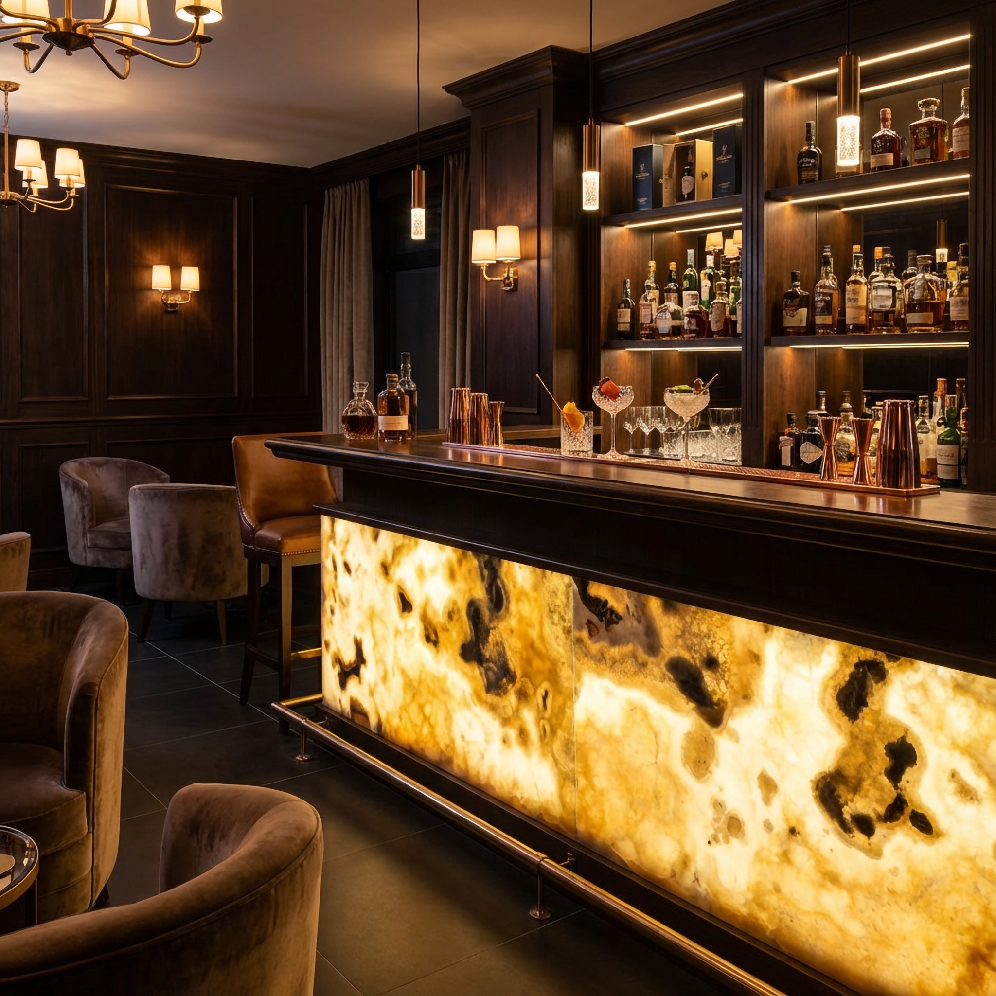 Prosvícený onyxový obklad baru z přírodního kamene Onyx Miele